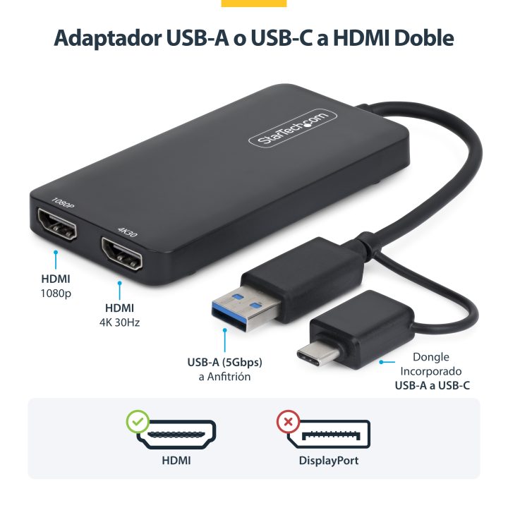 StarTech.com Adaptador de USB a HDMI Duplo, USB A/C para 2 Ecrãs HDMI…