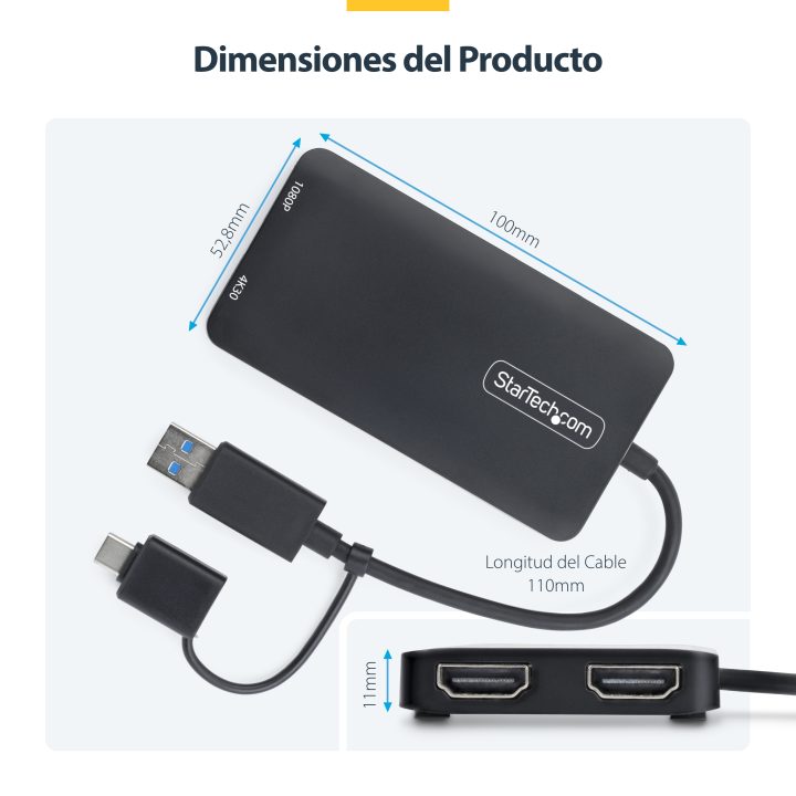 StarTech.com Adaptador de USB a HDMI Duplo, USB A/C para 2 Ecrãs HDMI…
