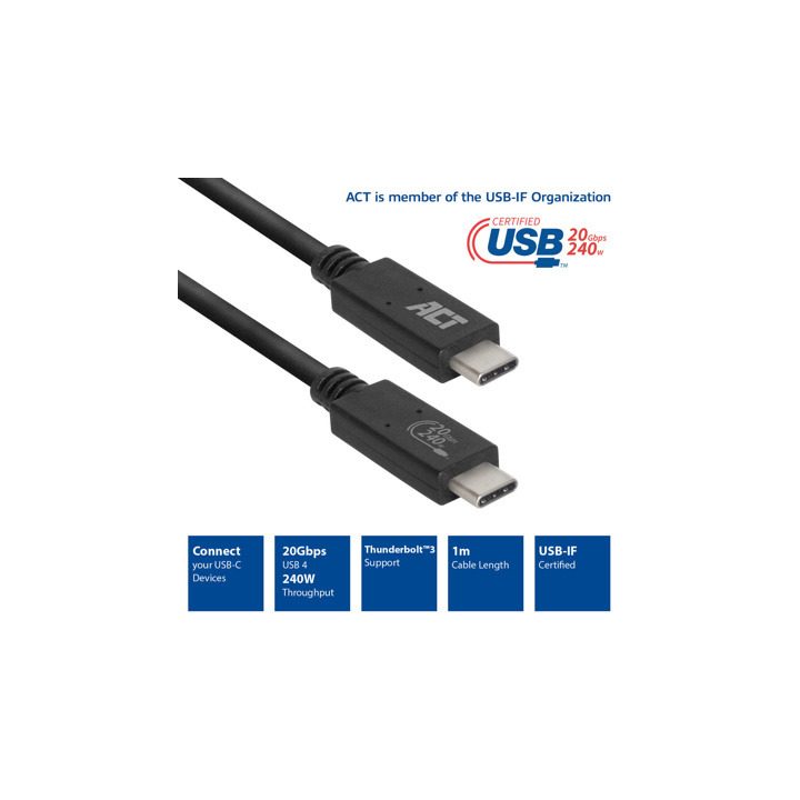 ACT AC7431 USB USB4 Gen 2x2 cable 1 m USB C 20 Gbit/s 240 W Black