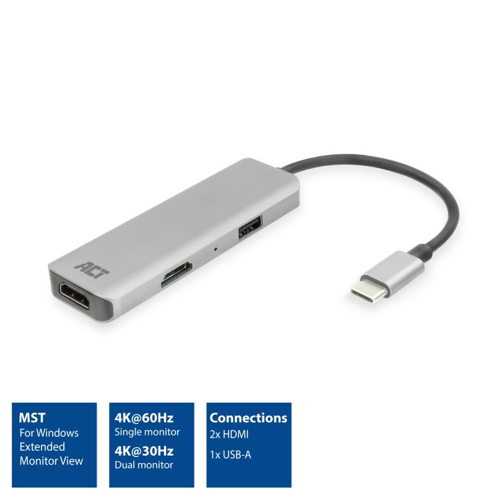 ACT USB-C 4K Multiport Adapter for 2 HDMI Monitors, USB-A Data Port