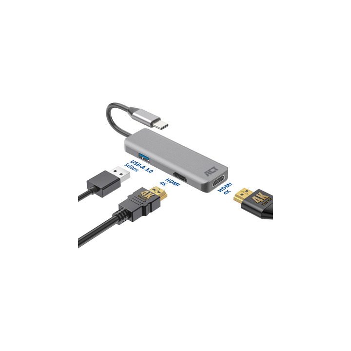 ACT USB-C 4K Multiport Adapter for 2 HDMI Monitors, USB-A Data Port