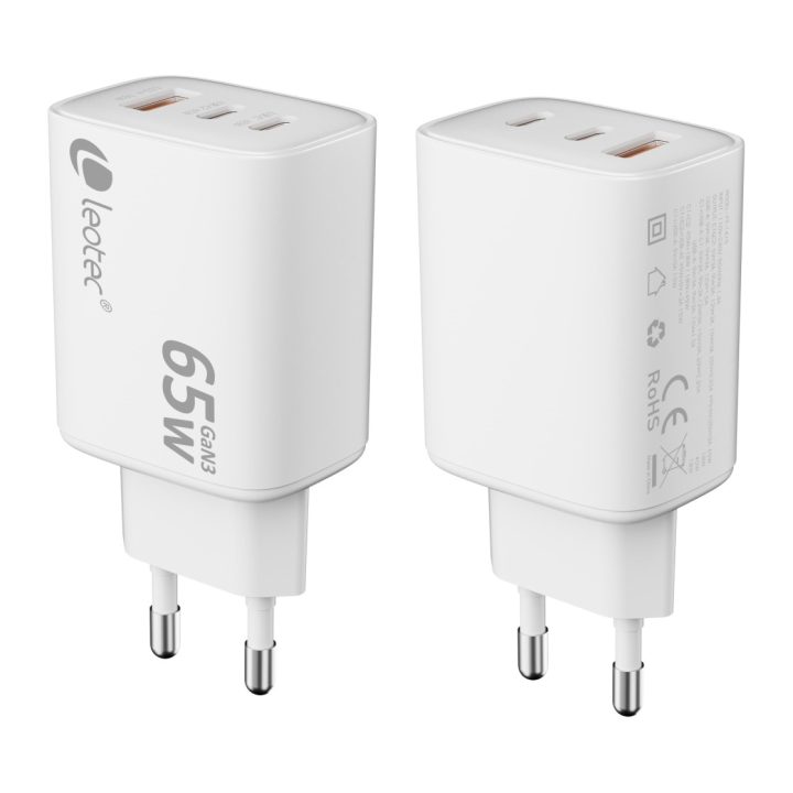 Leotec cargador universal 65W GaN ultra slim 2 USB-C PD+1 USB a…