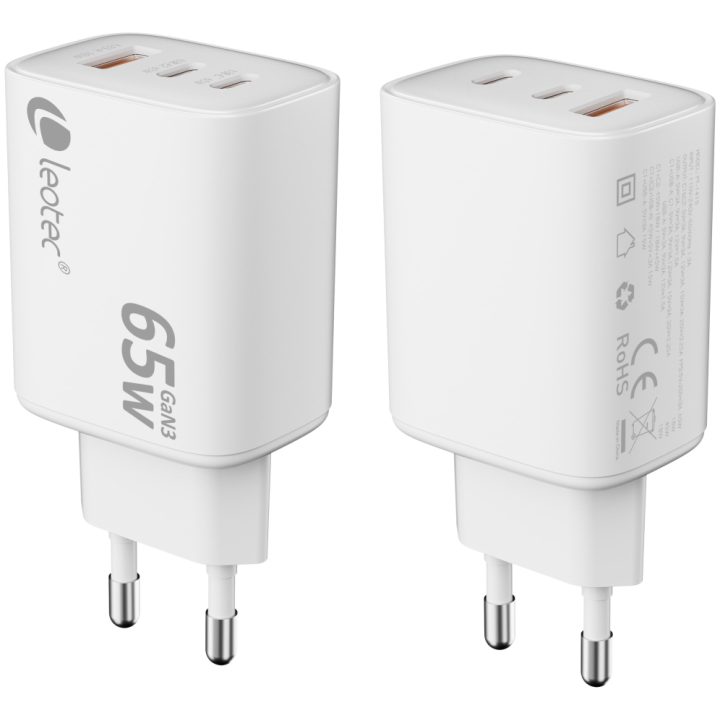 Leotec universal charger 65W GaN ultra slim 2 USB-C PD+1 USB white…