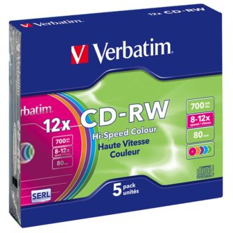 Verbatim CD-RW 700MB 8x-10x caixa slim 5 unidades cores (43167)