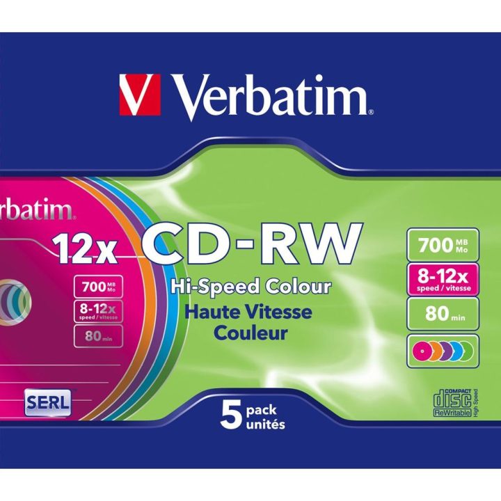 Verbatim CD-RW 700MB 8x-10x caixa slim 5 unidades cores (43167)