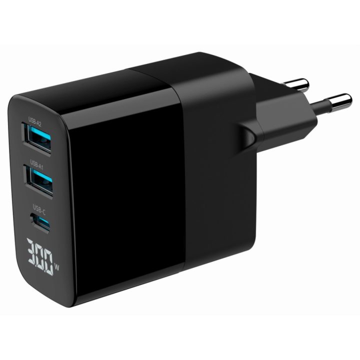 Gembird Cargador rápido3 USB GaN, 30 W LCD (TA-UC-PDQC30LCDBK02)