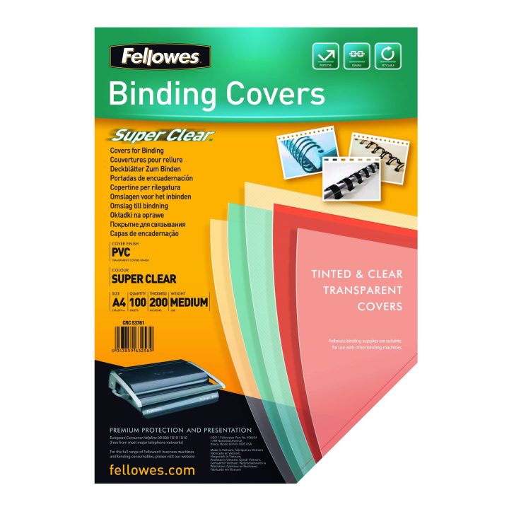 Pack of 100 Clear PVC Crystal Covers 150 Micron A4 Fellowes 5376001