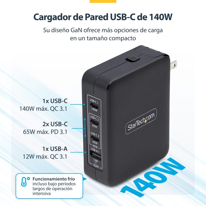 StarTech.com Cargador USB-C/USB-A de Pared GaN PD de 140W - 3x…