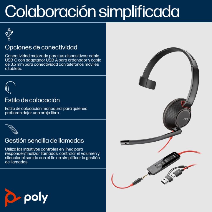 HP Poly Auriculares Poly Blackwire 5210 monaural USB-C + conector de…