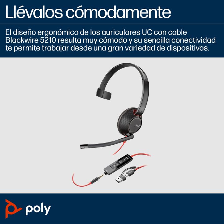 HP Poly Poly Blackwire 5210 Monaural Headset USB-C + 3.5 mm Connector…