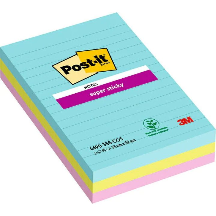 Pack 270 hojas notas grandes super sticky 101X152MM 3 colores…