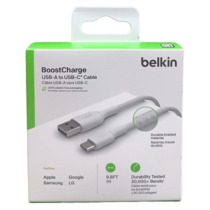 Cable USB-C a USB tipo a Belkin 3m-macho-macho-blanco - trenzado…