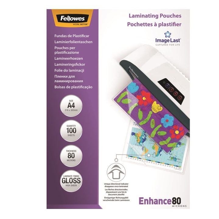 Pack 100 bolsas de plastificação 80 micras A4 216X303 Fellowes 5306114