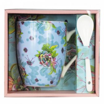 Caneca de cerâmica com colher Enesco flores (D204)