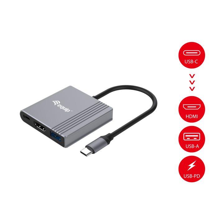 Equip Adaptador 3 em 1 USB-C para HDMI / USB-A / USB PD, 4K/60Hz…