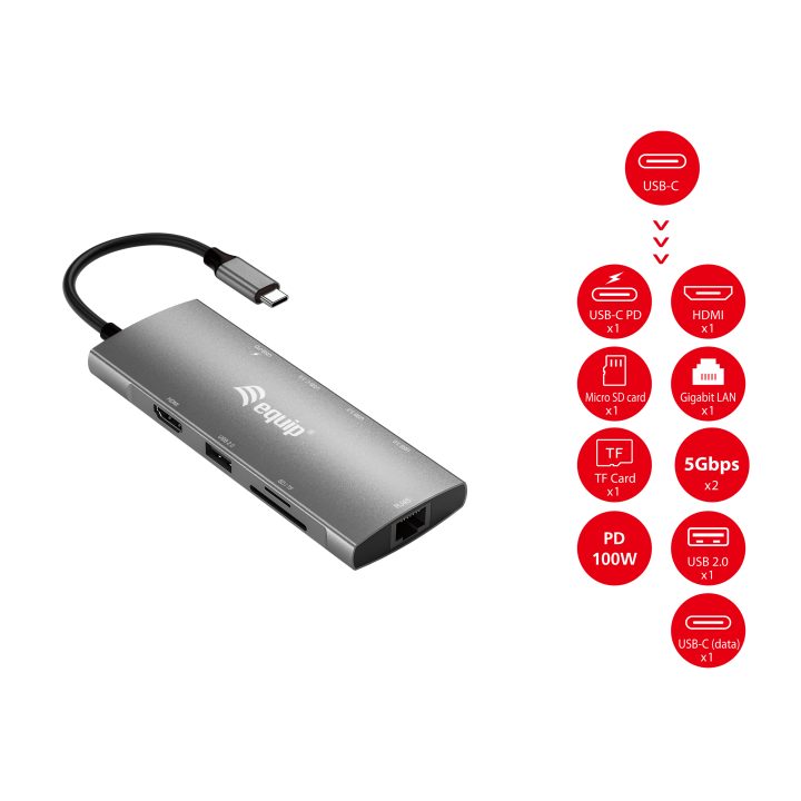 Equip Adaptador multifunción USB-C 9 en 1, HDMI 4K/60Hz, Gigabit LAN…