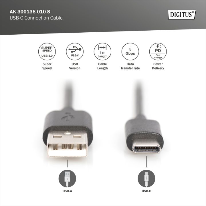 Digitus AK-300136-010-S cabo USB USB 3.2 Gen 1 (3.1 Gen 1) 1 m USB C…
