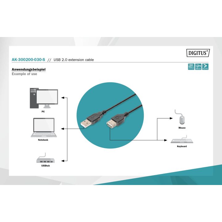 Digitus AK-300200-030-S cabo USB USB 2.0 USB A 0,48 Gbit/s Preto