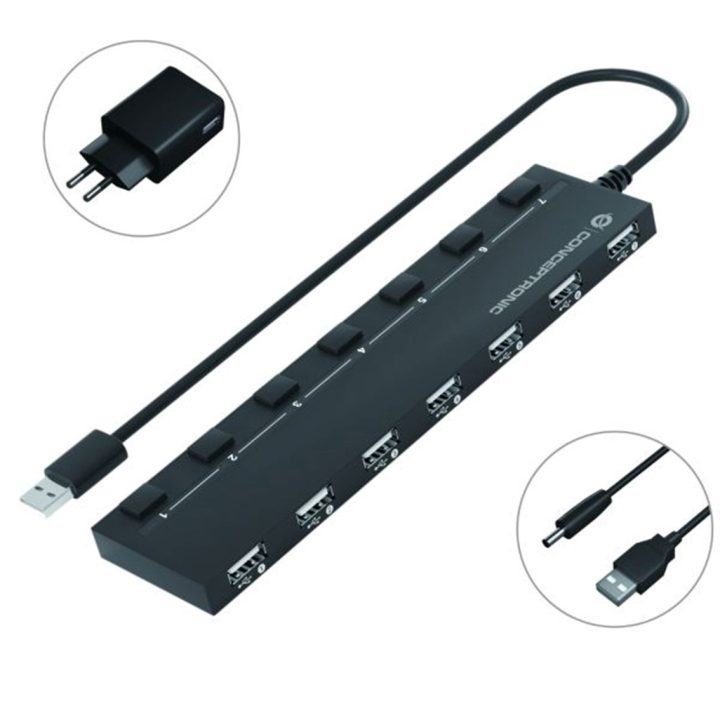 Conceptronic HUBBIES08BP hub de interface USB 2.0 480 Mbit/s Preto