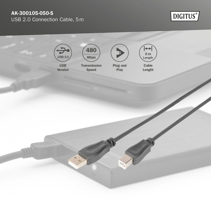 Digitus AK-300105-050-S Cabo USB 2.0 Macho a Macho A a B 5m Preto