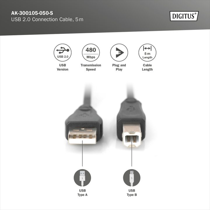 Digitus AK-300105-050-S USB 2.0 Male to Male A to B Cable 5m Black