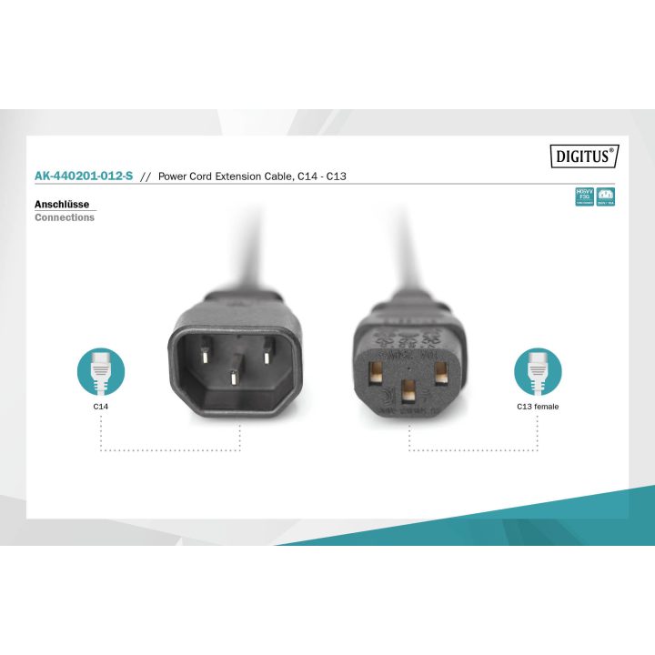 DIGITUS Network Cable Extension - 1.2 m - IEC C14 - IEC C13 -…
